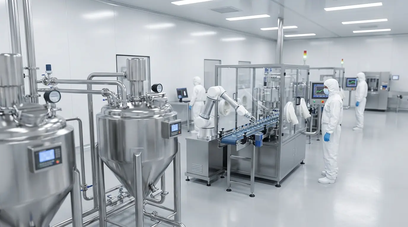 Modern e-liquid manufacturing facility with cleanroom environment and automated filling equipment