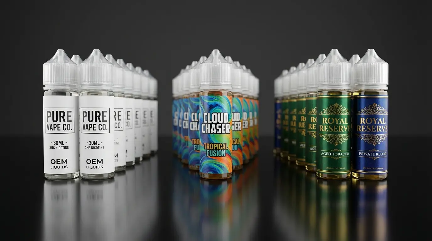 Three styles of e-liquid bottle branding representing OEM, white label, and private label products