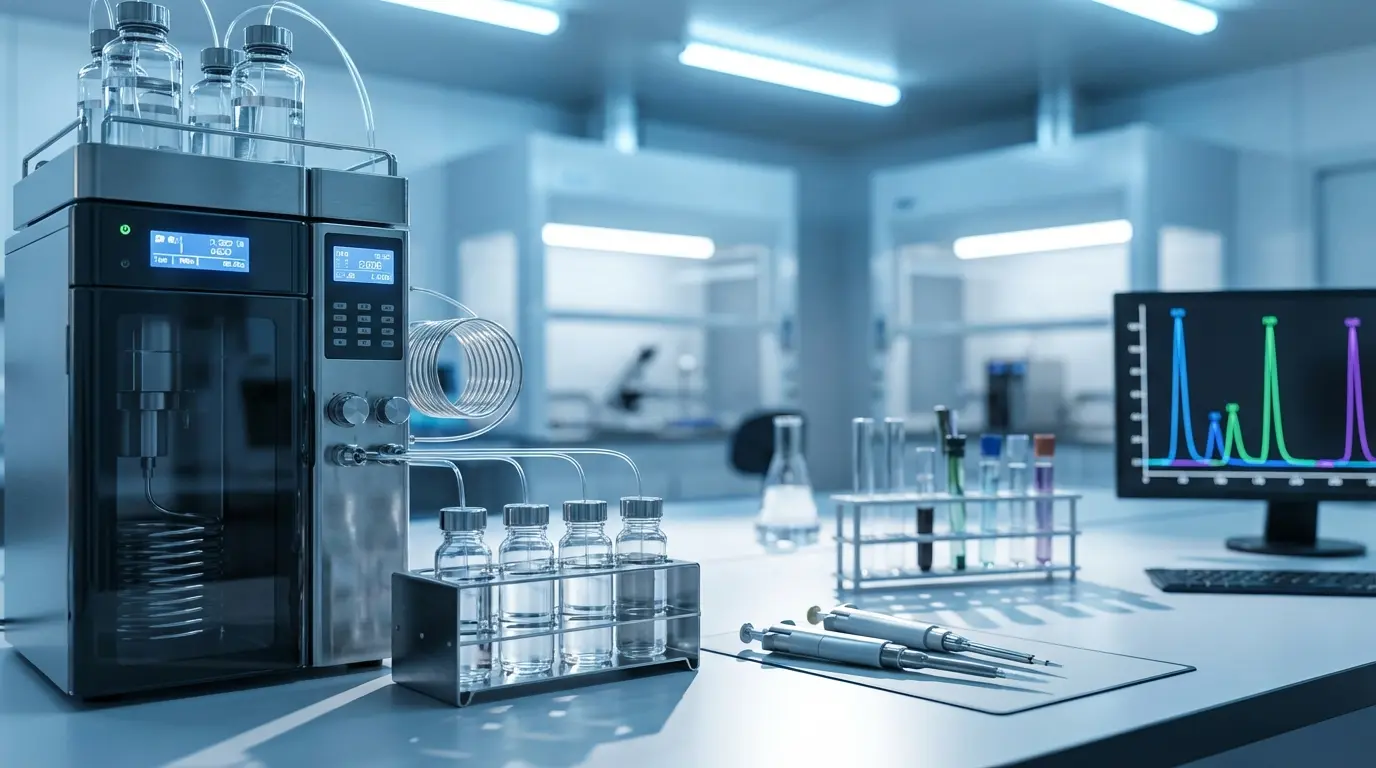 Analytical chemistry laboratory with HPLC equipment and chromatography display for e-liquid testing