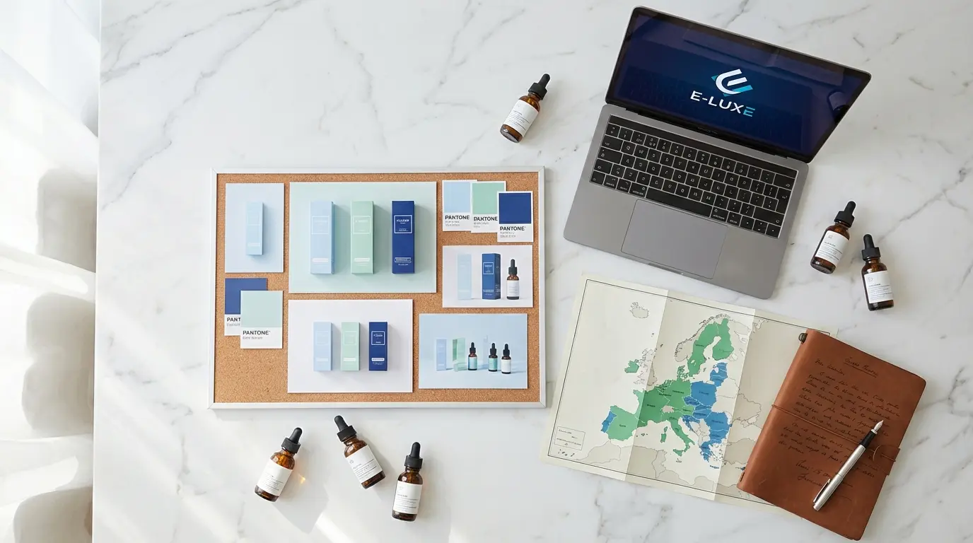 Business planning materials for launching an e-liquid brand including packaging mockups and EU map
