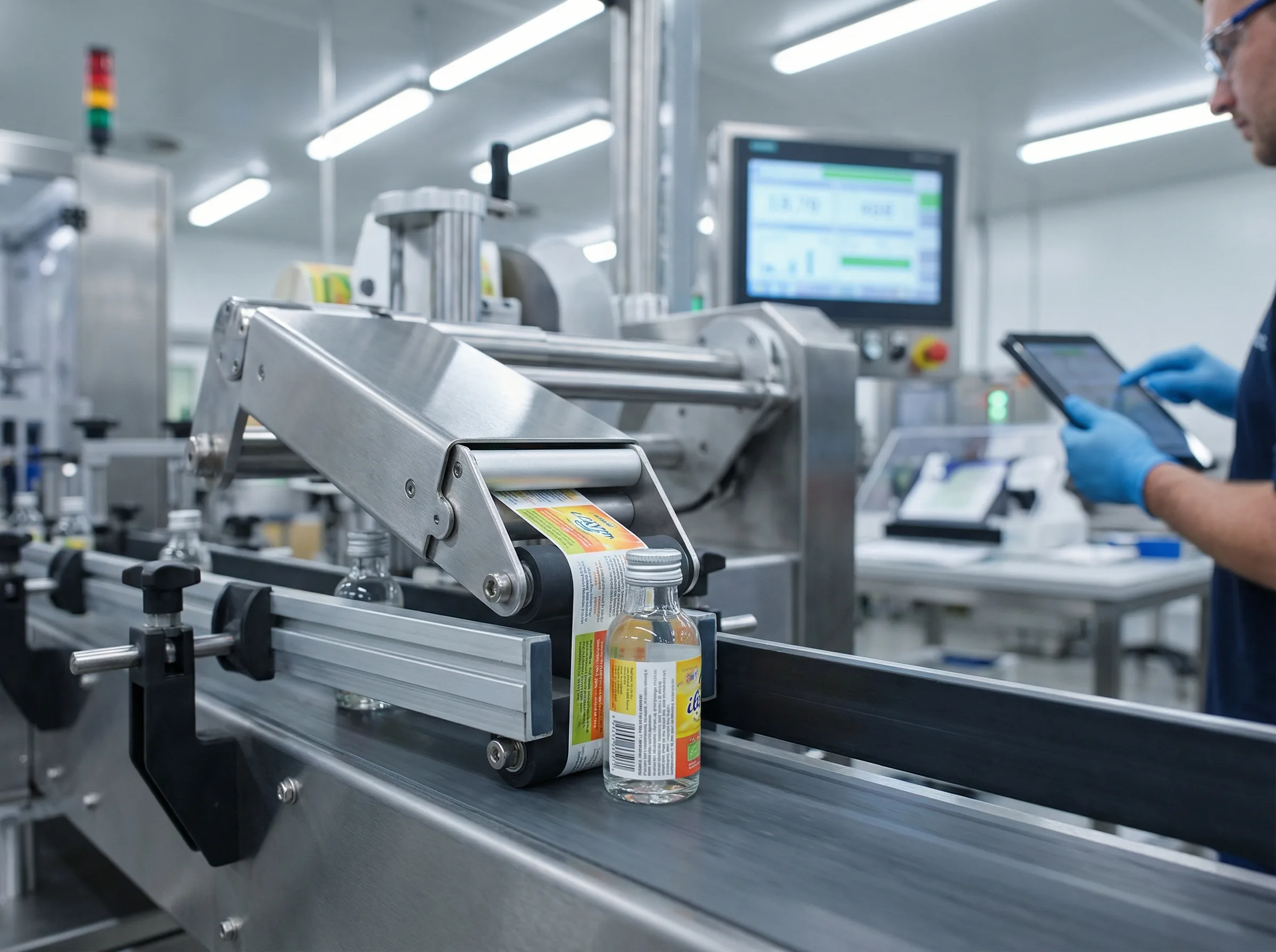 Precision labelling and filling line with quality control verification at First 5 Labs
